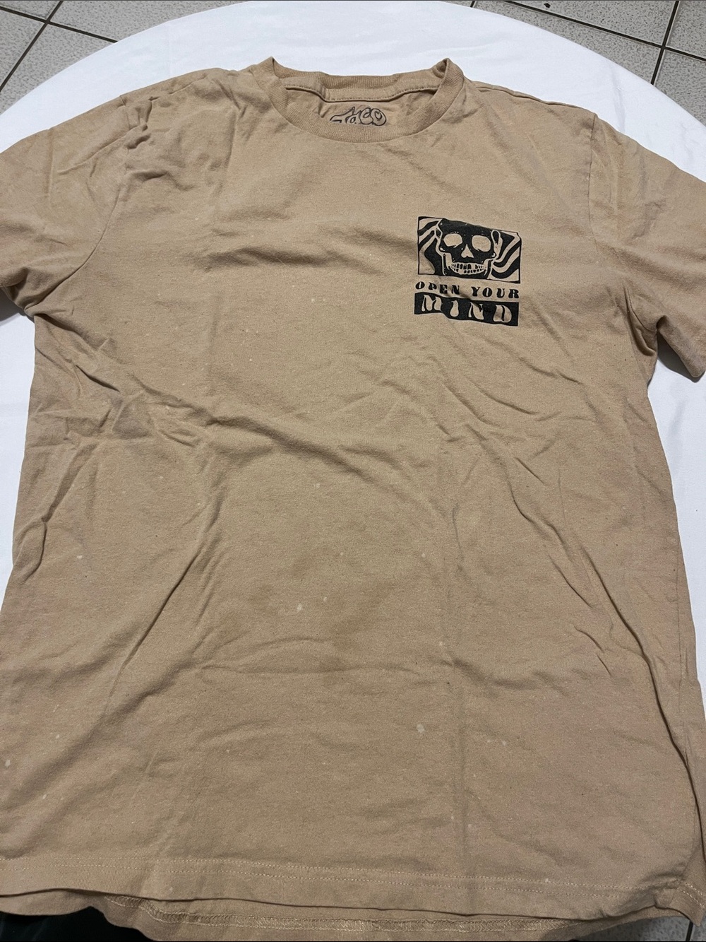 Open Your Mind Skull Graphic Tee — Tan Short Sleeve Cotton Shirt